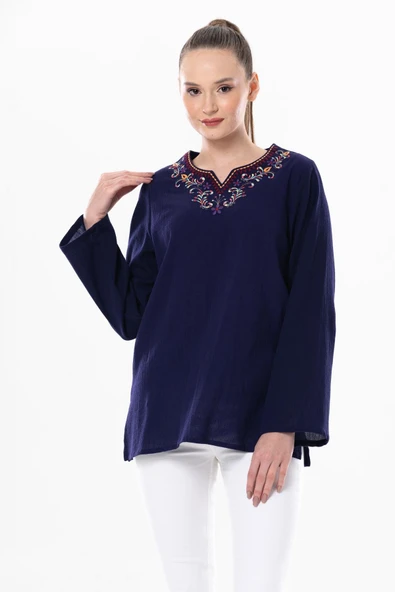 Uzun Kol Şile Bezi Gökkuşağı Nakış Detaylı Yazlık Bluz Mor Mor S Mor - Resim 4