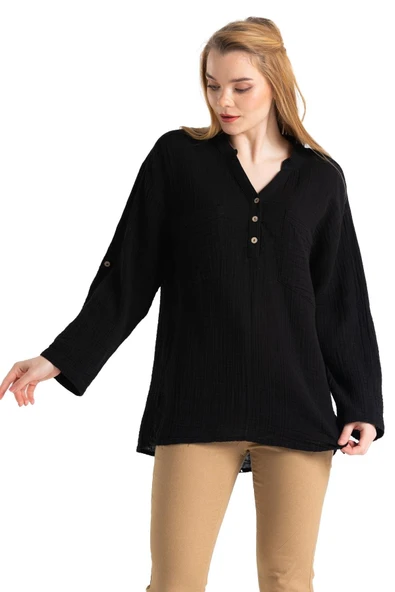 Uzun Kol Asu Yazlık Müslin Bluz Siyah Syh 2XL-3XL Siyah - Resim 7