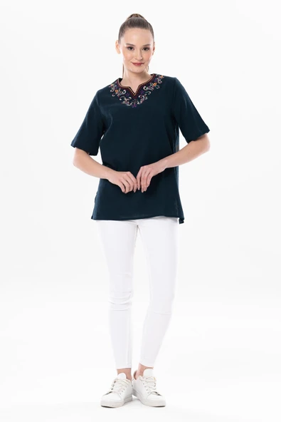 Kısa Kol Şile Bezi Gökkuşağı Nakış Detaylı Yazlık Bluz Petrol Ptrl M Petrol - Resim 4