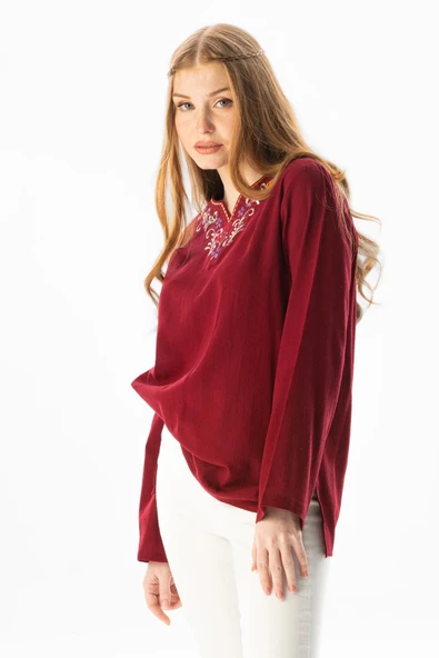 Uzun Kol Şile Bezi Gökkuşağı Nakış Detaylı Yazlık Bluz Bordo Brd S Bordo - 4
