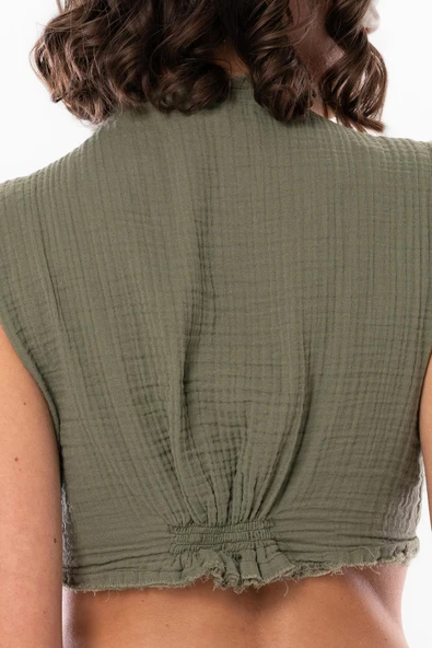 Kolsuz Deren Bel Bağlamalı Yazlık Müslin Bluz Haki Hk XS Haki - Resim 4