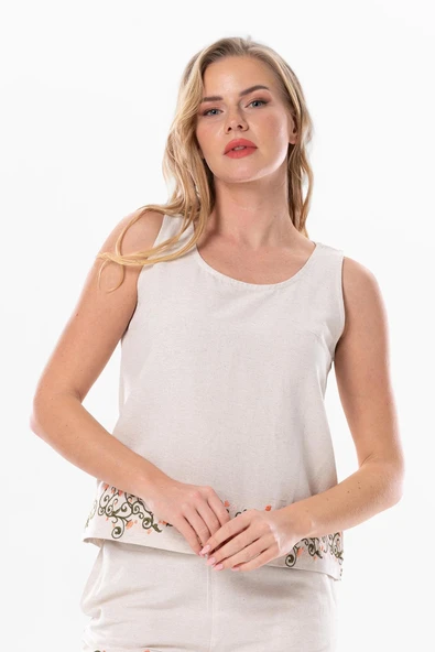 Kolsuz Hazan Keten Nakış Detaylı Yazlık Bluz Krem Krm XL Krem ürün görseli