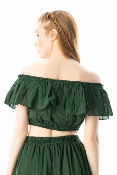 Kısa Kol Vual Lavinya Kayık Yaka Yazlık Bluz Yeşil Ysl S/M Yeşil - Resim 2