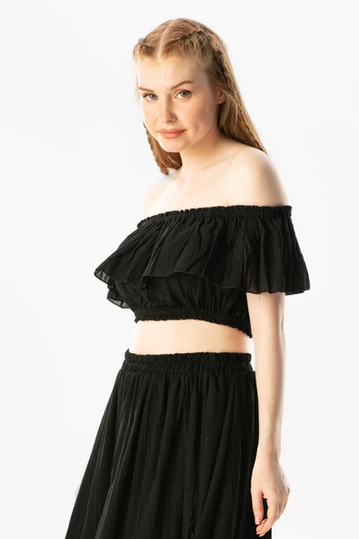 Kısa Kol Vual Lavinya Kayık Yaka Yazlık Bluz Siyah Syh 2XL-3XL Siyah - Resim 6