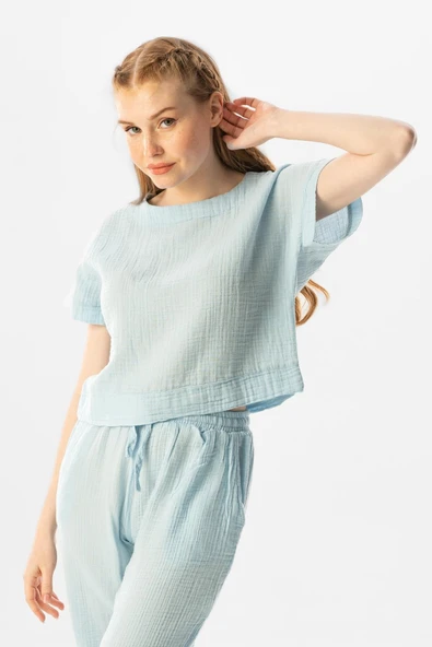 Kısa Kol İzel Yazlık Müslin Bluz Buz Mavi Bmv L Buz Mavi - Resim 4