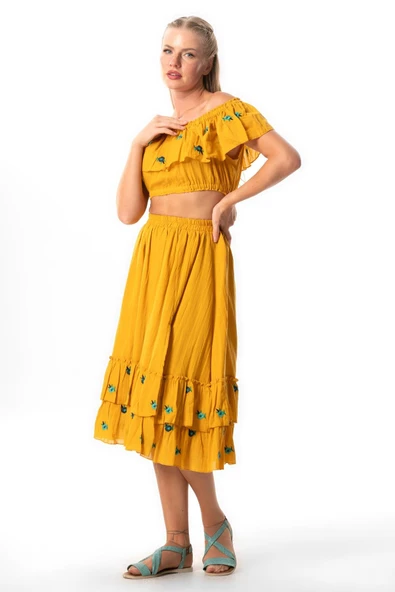 Lavinya Vual Lastik Detaylı Nakışlı Yazlık Crop Bluz Hardal Hrd S/M Hardal - Resim 4