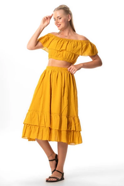 Kısa Kol Vual Lavinya Kayık Yaka Yazlık Bluz Hardal Hrd S/M Hardal - Resim 4