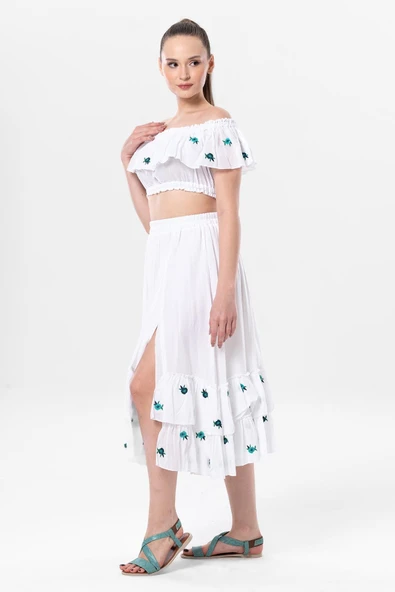 Lavinya Vual Lastik Detaylı Nakışlı Yazlık Crop Bluz Beyaz Byz 2XL-3XL Beyaz - Resim 4