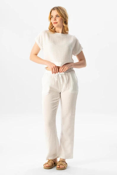 Kısa Kol İzel Yazlık Müslin Bluz Beyaz Byz M Beyaz - Resim 6