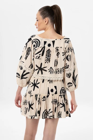 Uzun Kol Şile Bezi Akyaka Güpür Detay Yazlık Otantik Crop Bluz Krem Krm S Krem - 2