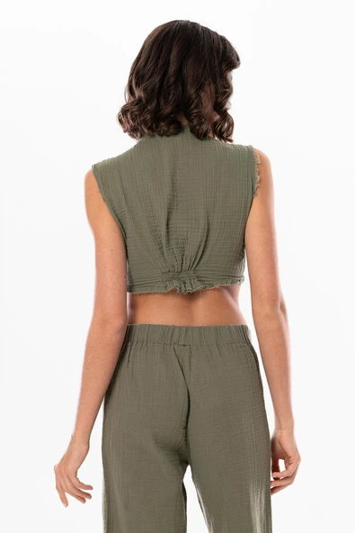 Kolsuz Deren Bel Bağlamalı Yazlık Müslin Bluz Haki Hk S Haki - 2