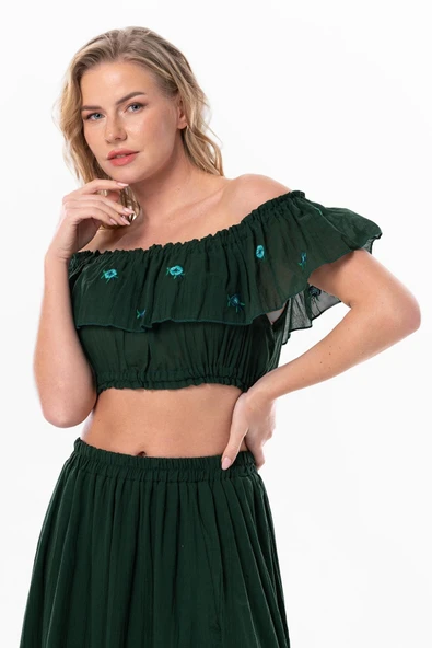 Lavinya Vual Lastik Detaylı Nakışlı Yazlık Crop Bluz Yeşil Ysl S/M Yeşil - Resim 4