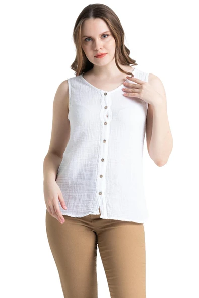 Kolsuz Melis Yazlık Müslin Bluz Beyaz Byz 3XL Beyaz - Resim 7