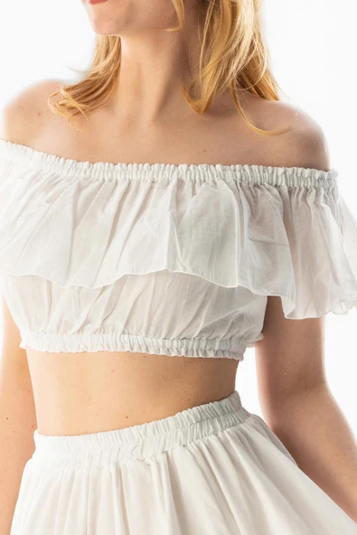 Kısa Kol Vual Lavinya Kayık Yaka Yazlık Bluz Beyaz Byz 2XL-3XL Beyaz - Resim 4