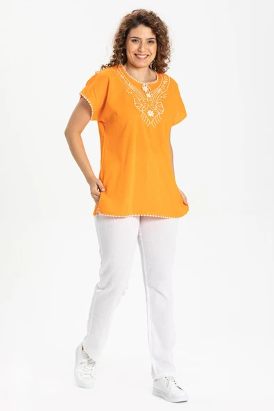 Kısa Kol Şile Bezi Naz Yazlık Bluz Turuncu Trnc XL Turuncu