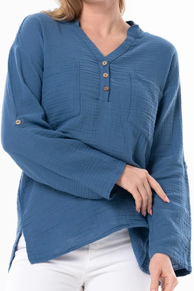 Uzun Kol Asu Yazlık Müslin Bluz İndigo indg 2XL-3XL İndigo - Resim 3