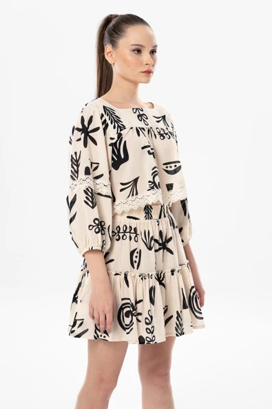 Uzun Kol Şile Bezi Akyaka Güpür Detay Yazlık Otantik Crop Bluz Krem Krm S Krem - 4