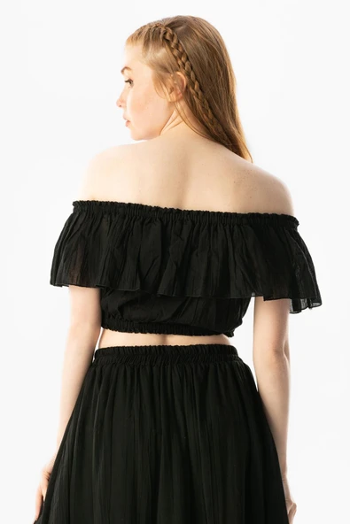 Kısa Kol Vual Lavinya Kayık Yaka Yazlık Bluz Siyah Syh 2XL-3XL Siyah - Resim 2