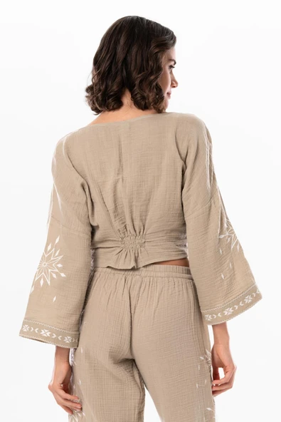 Uzun Kol Günışığı Büzgü Detaylı Yazlık Müslin Bluz Vizon Vzn S/M Vizon - 2