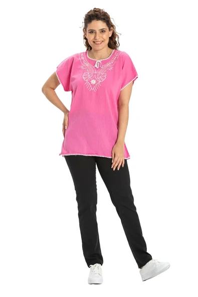 Kısa Kol Şile Bezi Naz Yazlık Bluz Pembe Pmb 2XL Pembe - Resim 6