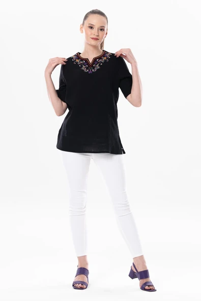 Kısa Kol Şile Bezi Gökkuşağı Nakış Detaylı Yazlık Bluz Siyah Syh L Siyah - Resim 4