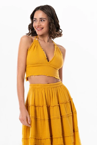 Göcek Bağlama Detaylı Yazlık Müslin Büstiyer Hardal Hrd XL Hardal - Resim 4