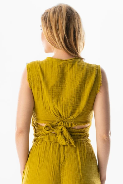 Kolsuz Deren Bel Bağlamalı Yazlık Müslin Bluz Yağ Yeşili Ygysl S Yağ Yeşili - Resim 2