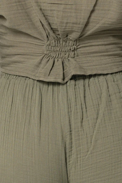 Uzun Kol Günışığı Büzgü Detaylı Yazlık Müslin Bluz Haki Hk L/XL Haki - 4