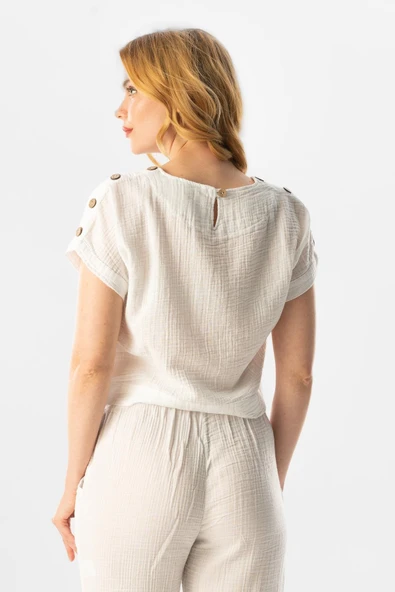 Kısa Kol İzel Yazlık Müslin Bluz Beyaz Byz XL Beyaz - Resim 2