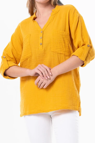 Uzun Kol Asu Yazlık Müslin Bluz Hardal Hrd 2XL-3XL Hardal - Resim 3