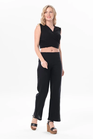 Kolsuz Deren Bel Bağlamalı Yazlık Müslin Bluz Siyah Syh S Siyah - Resim 5