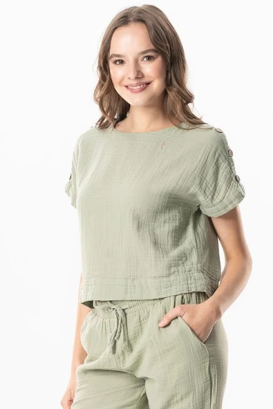 Kısa Kol İzel Yazlık Müslin Bluz Zeytin Yeşili Zytnysl L Zeytin Yeşili ürün görseli