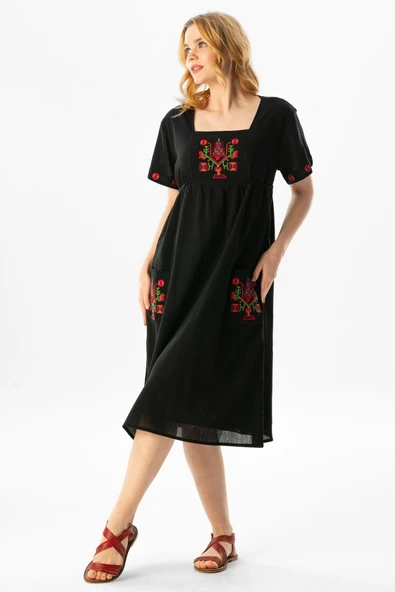 Kısa Kol Şile Bezi Melek Midi Boy Yazlık Otantik Elbise Siyah Syh XL Siyah - Resim 5