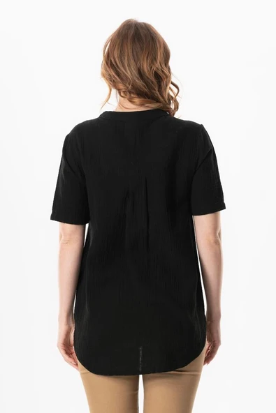 Kısa Kol Gülgün V Yaka Müslin Yazlık Bluz Siyah Syh L/XL Siyah - Resim 2