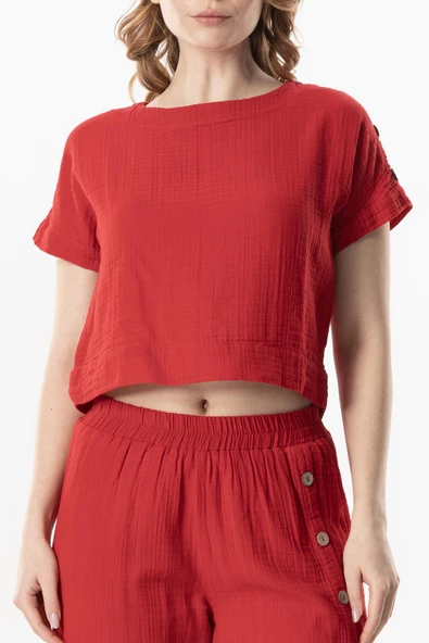 Kısa Kol İzel Yazlık Müslin Bluz Kırmızı Krmz S Kırmızı - Resim 3