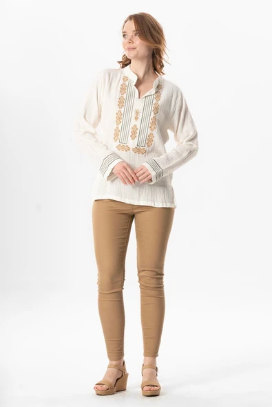 Uzun Kol İbiza Nakışlı Kadın Müslin Yazlık Tshirt Kırık Beyaz KrkByz L Kırık Beyaz - Resim 5