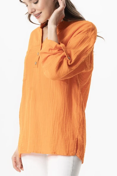 Uzun Kol Asu Yazlık Müslin Bluz Turuncu Trnc S/M Turuncu - Resim 5