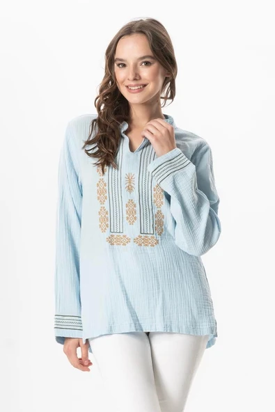 Uzun Kol İbiza Nakışlı Kadın Müslin Yazlık Tshirt Buz Mavi Bmv L Buz Mavi ürün görseli