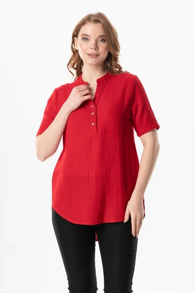 Kısa Kol Gülgün V Yaka Müslin Yazlık Bluz Kırmızı Krmz 2XL-3XL Kırmızı ürün görseli