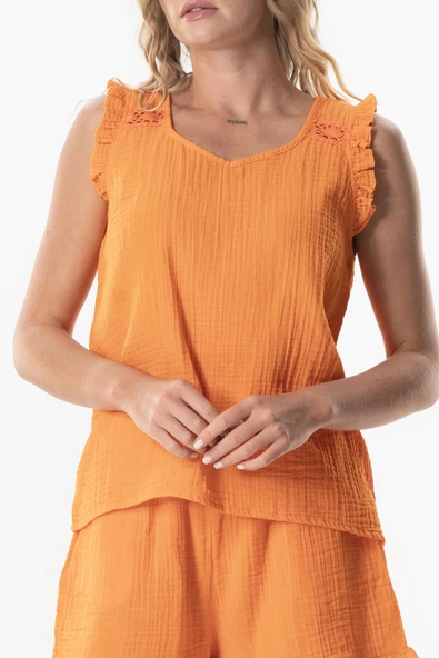 Kolsuz Fırfır Detaylı Duru Oval Yaka Müslin Yazlık Bluz Turuncu Trnc XS Turuncu - Resim 3