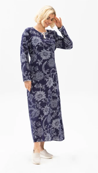 Uzun Kol Büyük Beden Şile Bezi Baskılı Uzun Yazlık Elbise Çınar Desen Mor Mor 4XL Mor - 4