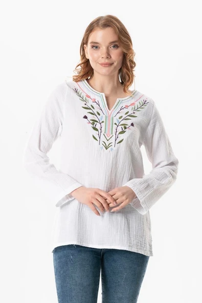Uzun Kol Çiçek V Yaka Nakışlı Müslin Yazlık Bluz Beyaz Byz 2XL-3XL Beyaz ürün görseli