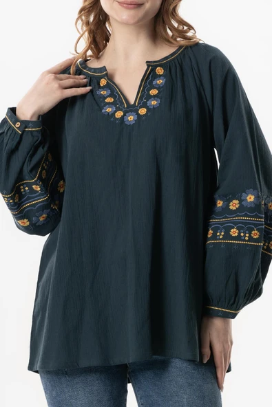 Uzun Kol Şile Bezi Gülruh V Yaka Nakışlı Bluz Petrol Ptrl 2XL-3XL Petrol - Resim 3