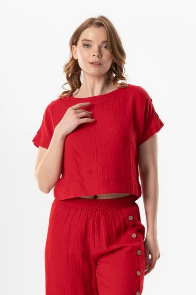 Kısa Kol İzel Yazlık Müslin Bluz Kırmızı Krmz XL Kırmızı - Resim 5