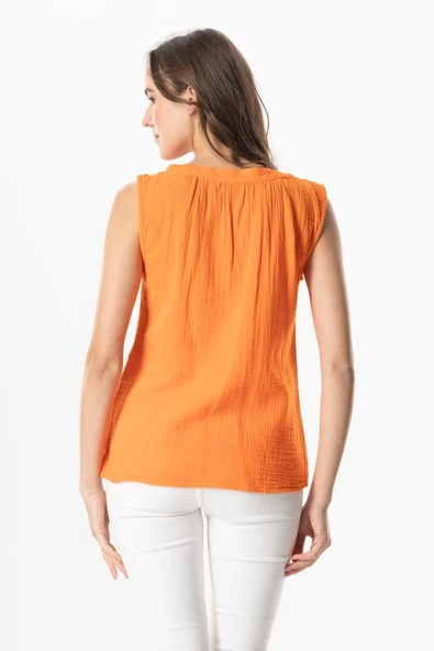 Kolsuz V Yaka Berrin Güpür Detaylı Müslin Yazlık Bluz Turuncu Trnc 2XL Turuncu - Resim 2