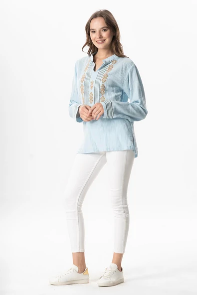 Uzun Kol İbiza Nakışlı Kadın Müslin Yazlık Tshirt Buz Mavi Bmv M Buz Mavi - 5