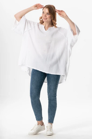 Yarım Kol Nadya V Yaka Müslin Yazlık Bluz Beyaz Byz - Resim 5