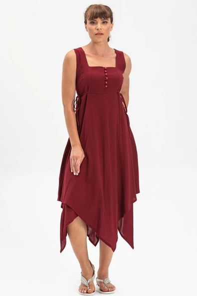 Kolsuz Şile Bezi Üçgen Katlı Midi Boy Yazlık Elbise Bordo Brd XL Bordo ürün görseli