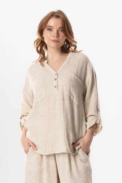 Uzun Kol Ezgi V Yaka Katlanabilir Kol Müslin Yazlık Bluz Krem Krm 2XL-3XL Krem ürün görseli