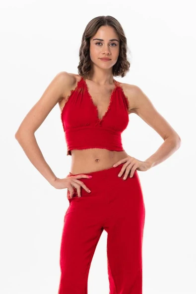 Göcek Bağlama Detaylı Yazlık Müslin Büstiyer Kırmızı Krmz XL Kırmızı - Resim 4